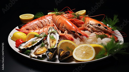 A plate of seafood on a neutral background.