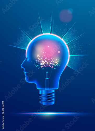 concept of creative thinking or deep learning, graphic of light bulb combined with human head