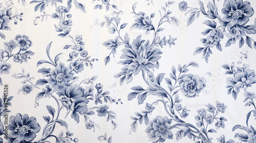 Blue toile pattern on fabric photo