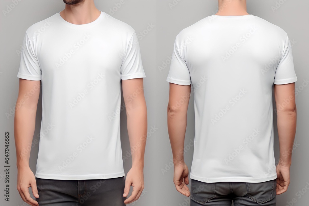 Young man wearing white casual t-shirt back and front view mockup template for print t-shirt design mockup - obrazy, fototapety, plakaty 