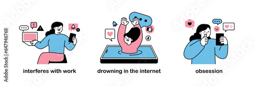 People addicted to smartphones and social media. social issues. Disrupting work, drowning in the internet, obsessing over reviews.