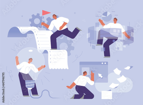A business man is busy analyzing a large amount of data.