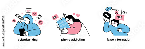 People addicted to smartphones and social media. social issues. cyberbullying, phone addiction, false information.