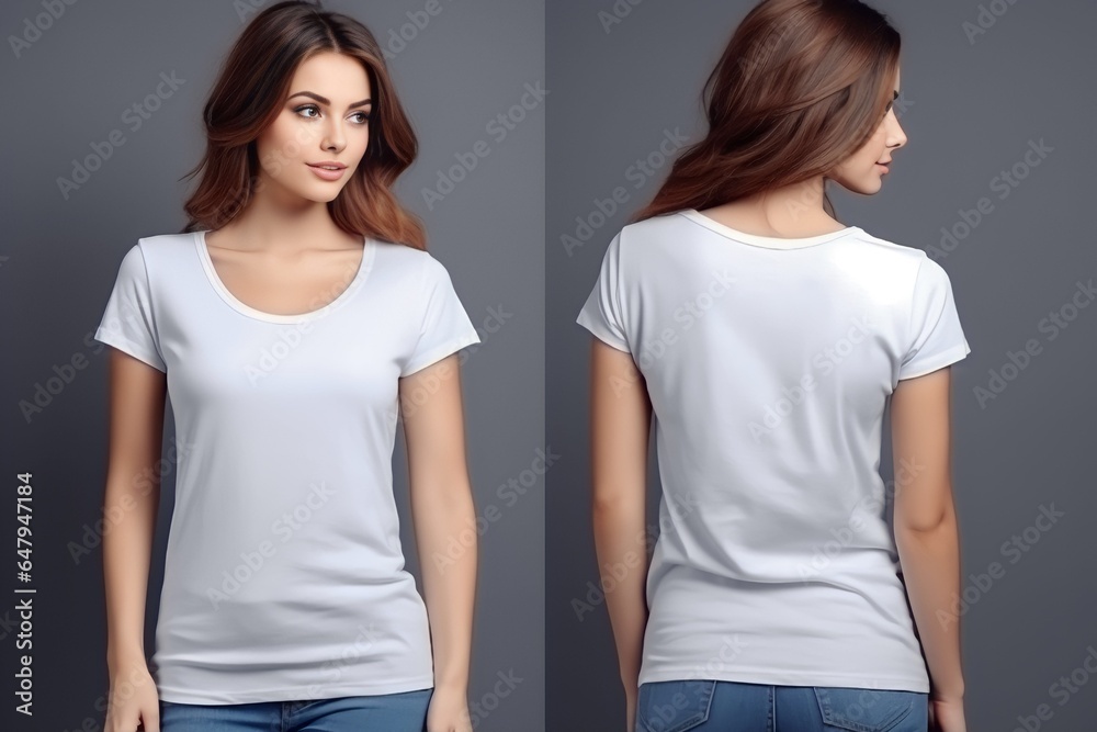 Young woman wearing white casual t-shirt. Side view, back and front view mockup template for print t-shirt design mockup - obrazy, fototapety, plakaty 