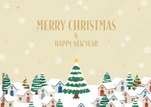 クリスマスの街並み　ベージュのヘリンボーン柄の背景　文字あり