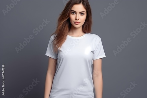 Young woman wearing white casual t-shirt. Side view, back and front view mockup template for print t-shirt design mockup