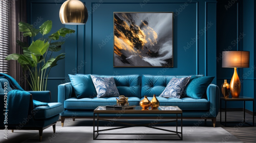 Design of a modern living room with a dark blue sofa and a blue wall ...