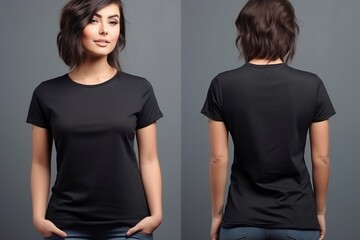 Young woman wearing black casual t-shirt. Side view, back and front view mockup template for print t-shirt design mockup