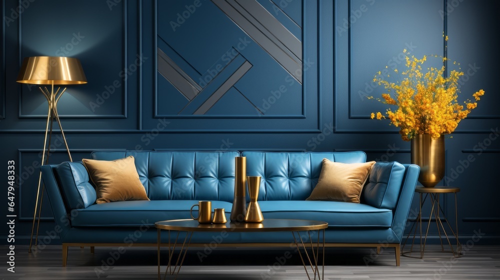 Design of a modern living room with a dark blue sofa and a blue wall ...