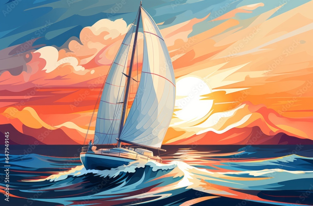 Illustration of a sailboat sailing in the ocean at sunset created with Generative AI technology