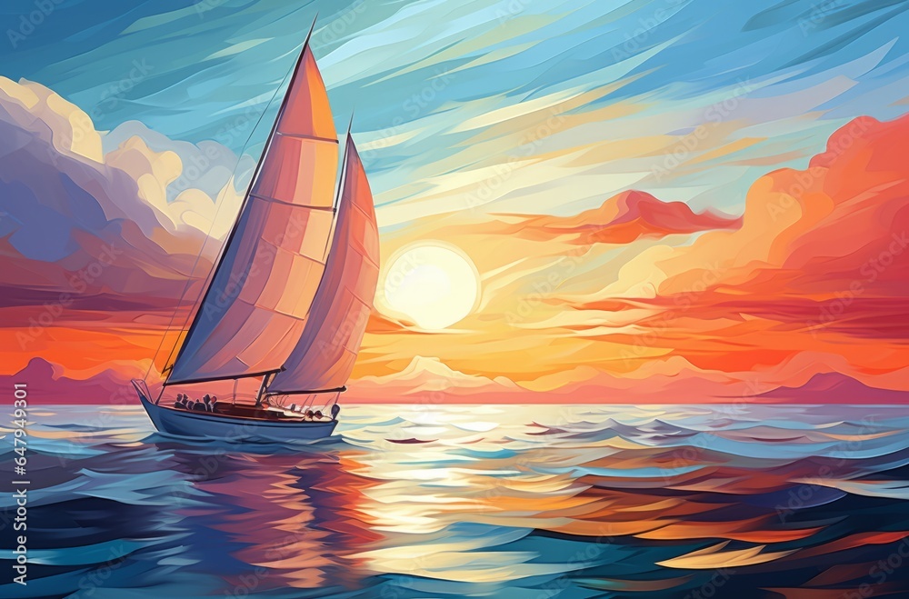 Illustration of a sailboat sailing in the ocean at sunset created with Generative AI technology