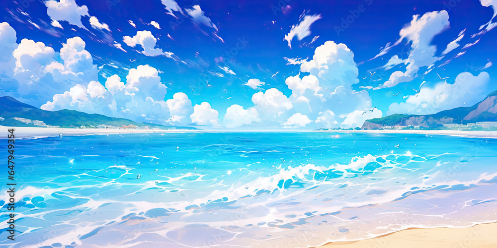 Fototapeta premium beach paradise tropical sands and sea background banner anime cartoon style, generated ai