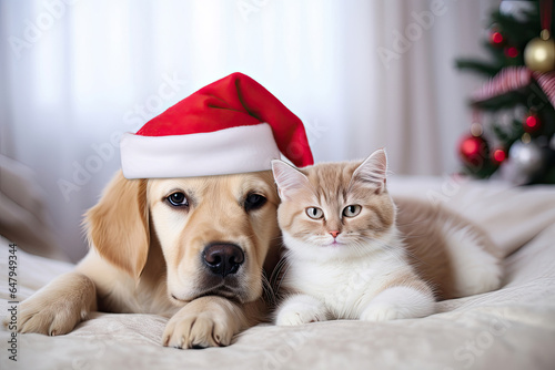 Cat and dog wearing Christmas hat on a sofa