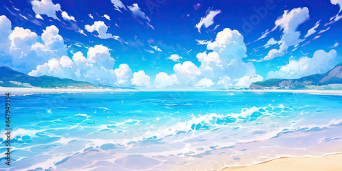 beach paradise tropical sands and sea background banner anime cartoon style, generated ai