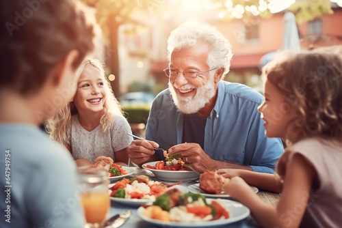 Happy Senior Grandfather Talking  eating and Having Fun with His Grandchildren  Holding Them in Lap during Outdoor