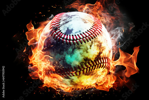 Photo of a baseball engulfed in flames on a dark background photo