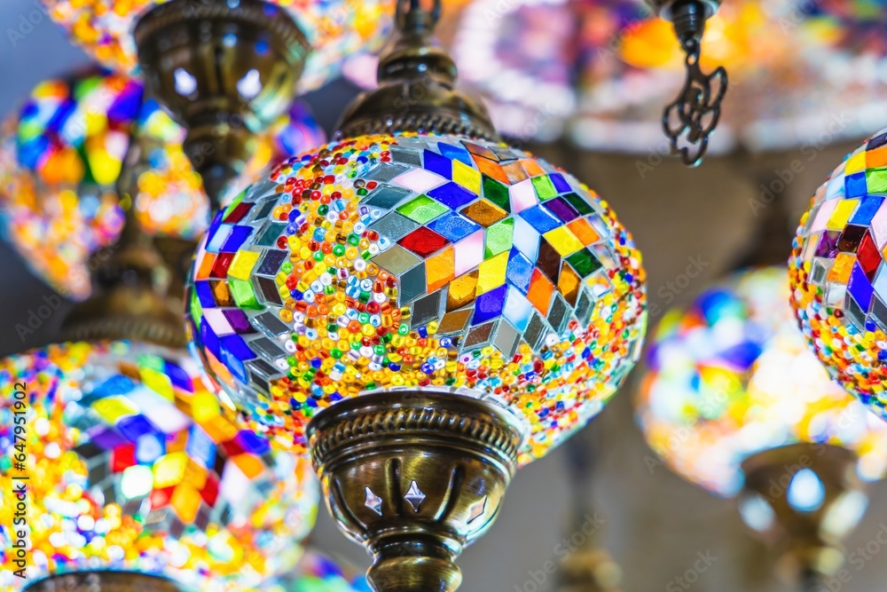 Colorful lamp with decorative patterned glass decoration in oriental style related to Arabic or Turkish culture