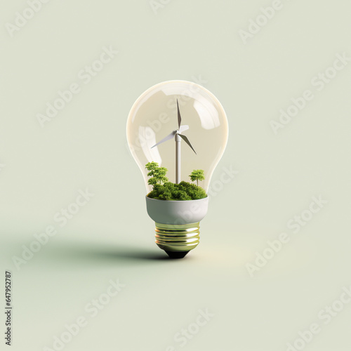 Simple and Clean Energy Light Bulb with Windmill and Trees