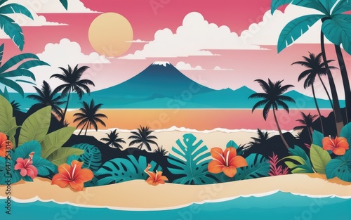 Illustration of a tropical beach paradise island