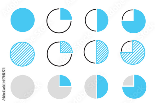 Quarters to show the progress of work on dark background, icon set. eps 10 vector