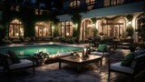 evening an outside patio with green furniture and a pool