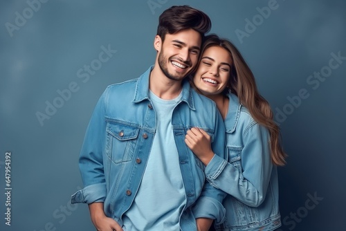 young couple in denim clothes smiling fashionable on studio background