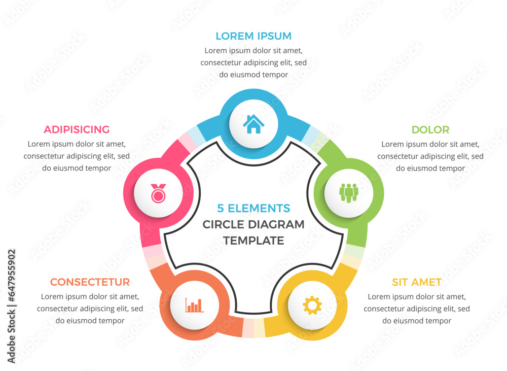 Circle infographic template with five elements, business infographics, vector eps10 illustration Circle infographic template with five elements, business infographics, vector eps10 illustration