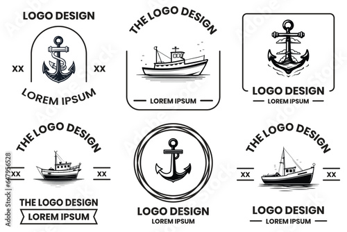 Fotobehang fishing and maritime logo in flat line art style