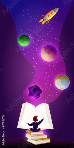 Open book with starry sky, flying rocket, planets, vector illustration in colorful cartoon style. Astronomy science, education. World book day
