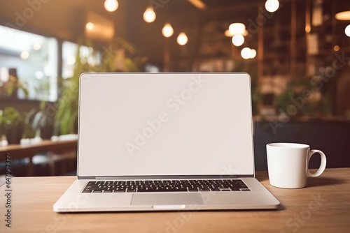 Workspace with blank screen laptop for mockup