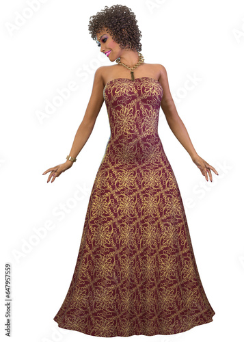3D Render of Dark skinned woman in party gown