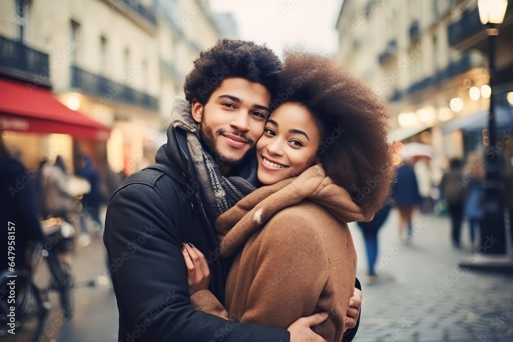Young beautiful and handsome Afro-american couple hugging in love in city