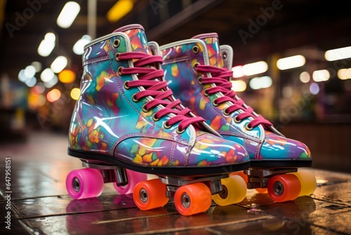 Pair of retro roller skates in a colorful roller rink, capturing the essence of 80's nostalgia, Generative AI