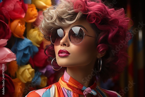 Stylish 80's-inspired photo shoot with bold makeup, flashy jewelry, and vibrant clothing, Generative AI 