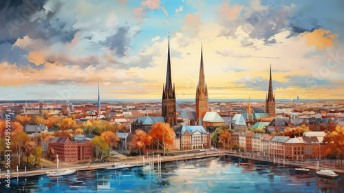 oil painting on canvas, Hamburg City at sunset. Germany. (ai generated)
