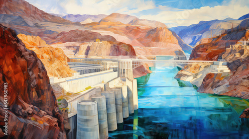 oil painting on canvas, View of the Hoover Dam in Nevada, USA. (ai generated)
