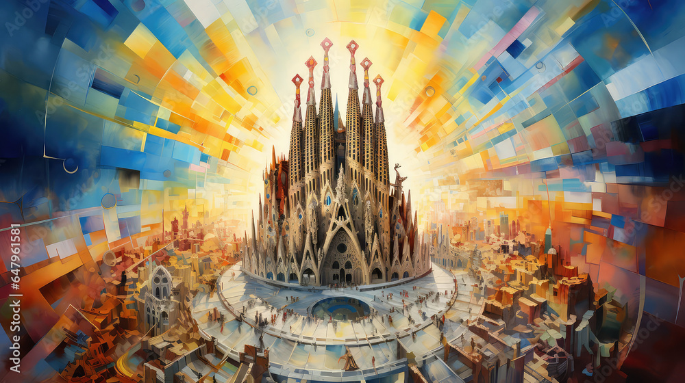 oil painting on canvas, Basilica of the Sagrada Familia in Barcelona, ​​Spain. (ai generated) - obrazy, fototapety, plakaty 