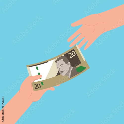 Mano Dando 20 Soles a Otra Mano. Dar Dinero. Pagar Dinero a un Amigo, Deuda y Préstamo, Pago de Incentivos o Bonificaciones, Concepto de Crédito o Préstamo.