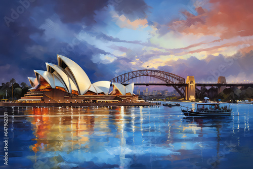 oil painting on canvas, Pinkish colourful sunrise over Sydney city CBD on waterfront of Harbour around Circular quay with major architectural landmarks and symbols of Australia. (ai generated)