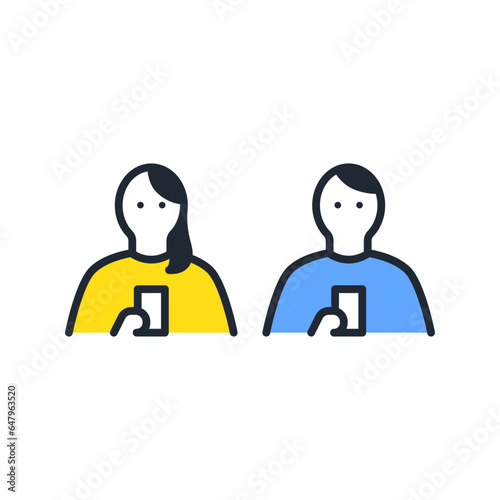 スマホを操作する若い男女のシンプルなベクターアイコンイラストセット素材
