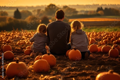 Family picking pumpkins on an autumn sunny day, big beautiful pumpkin, go pick pumpkins, pumpkin patch. Halloween concept.