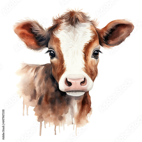 Baby cow portrait watercolor clipart on transparent background. Generative AI illustration