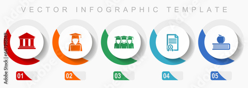 Learning and study icon set, miscellaneous icons such as building, student, diploma and book with apple, flat design vector infographic template, web buttons in 5 color options