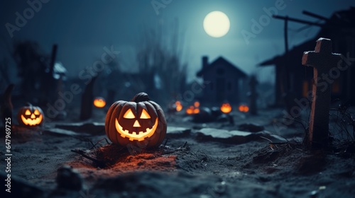 Halloween Jack-o-lanterns in cemetery full moon - generative AI photo