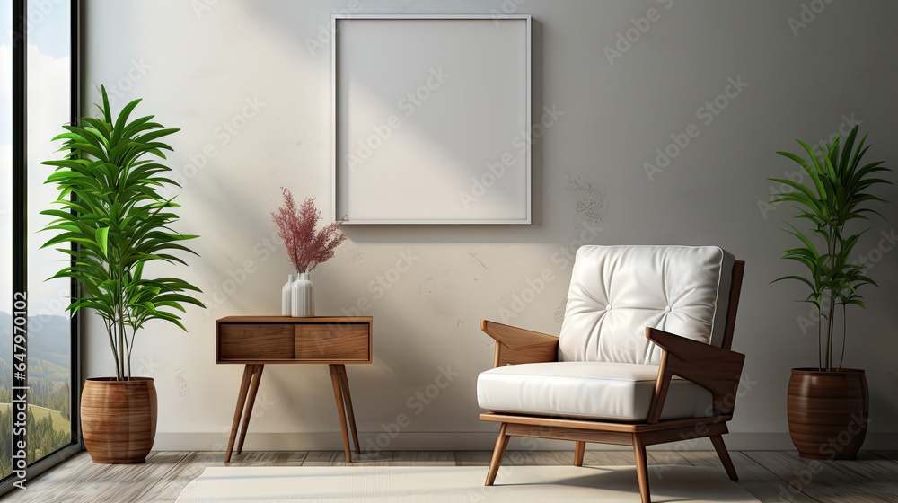 Fototapeta premium Farmhouse Living Room with Blank Poster Frame
