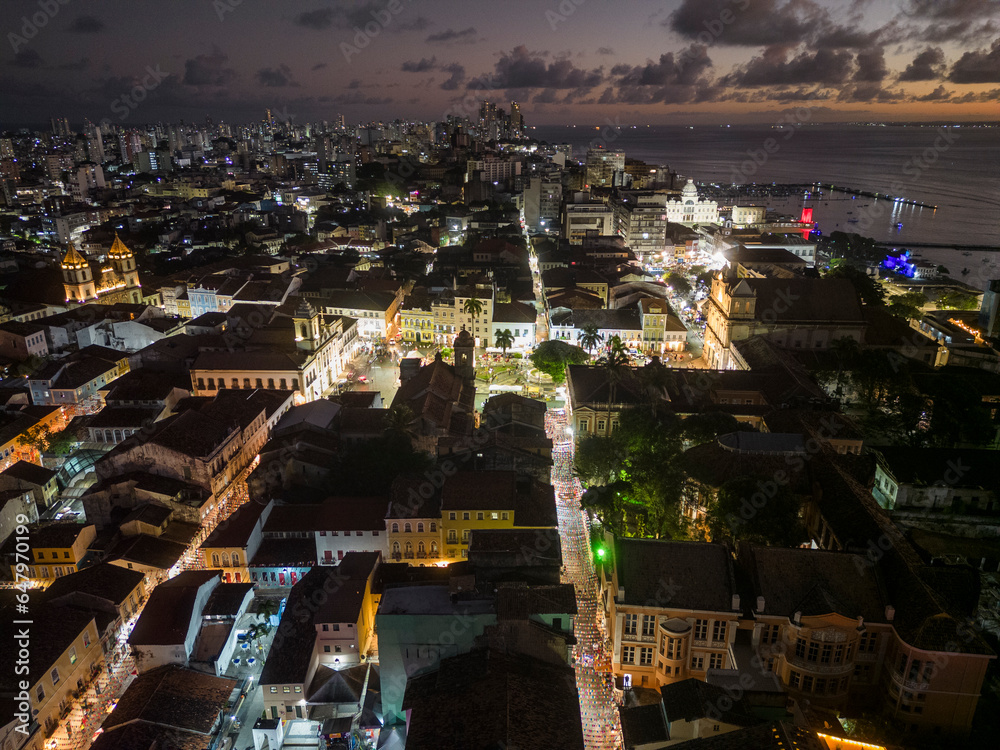 Beautiful aerial view to historic city buildings and ocean in Salvador