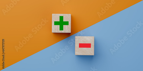 Green plus and red minus on wooden cubes. Concept of positive or negative decision. pros and cons concept. opposites concept. analysis of good and bad. pro and con.