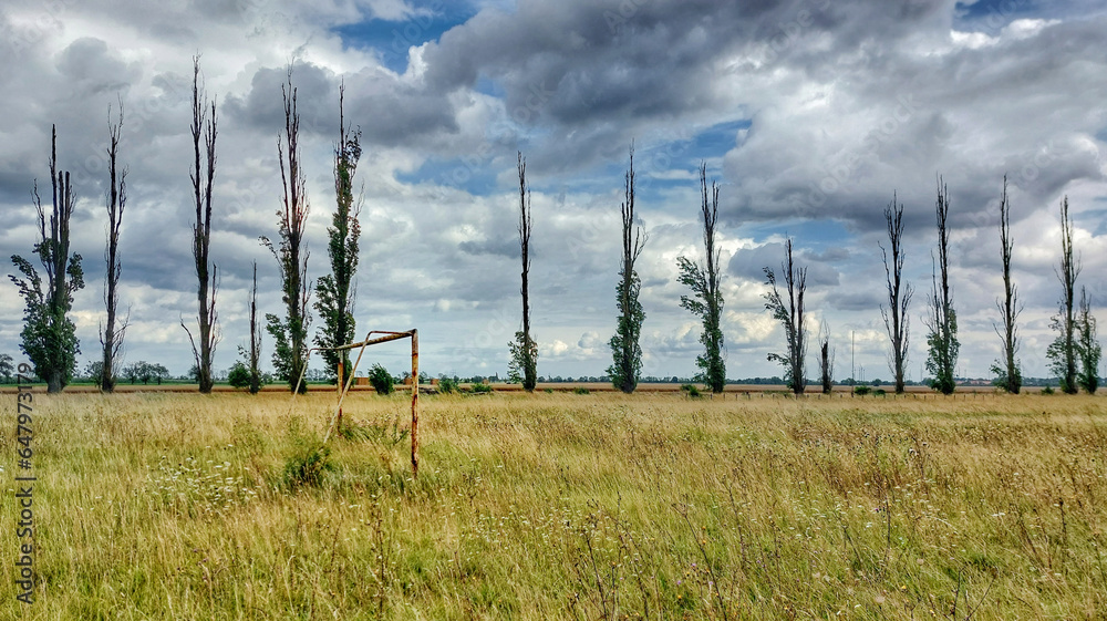 Naklejka premium Abandoned soccer field under sky with stormclouds in Germany