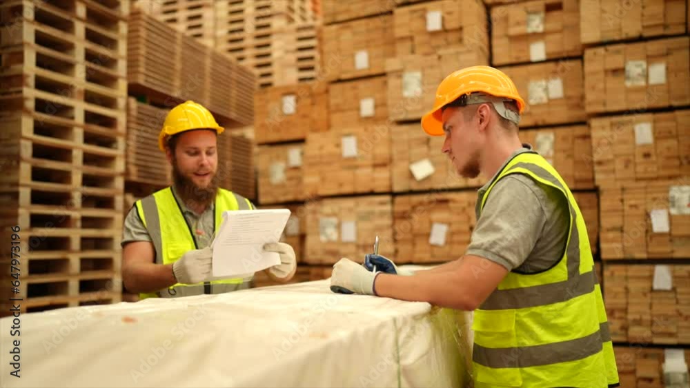 Technician caucasian craft man checking stock timber at wood factory Technician caucasian craft man checking stock timber at wood factory