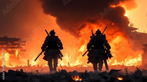 Silhouettes of two samurai warriors in the middle of a raging battle